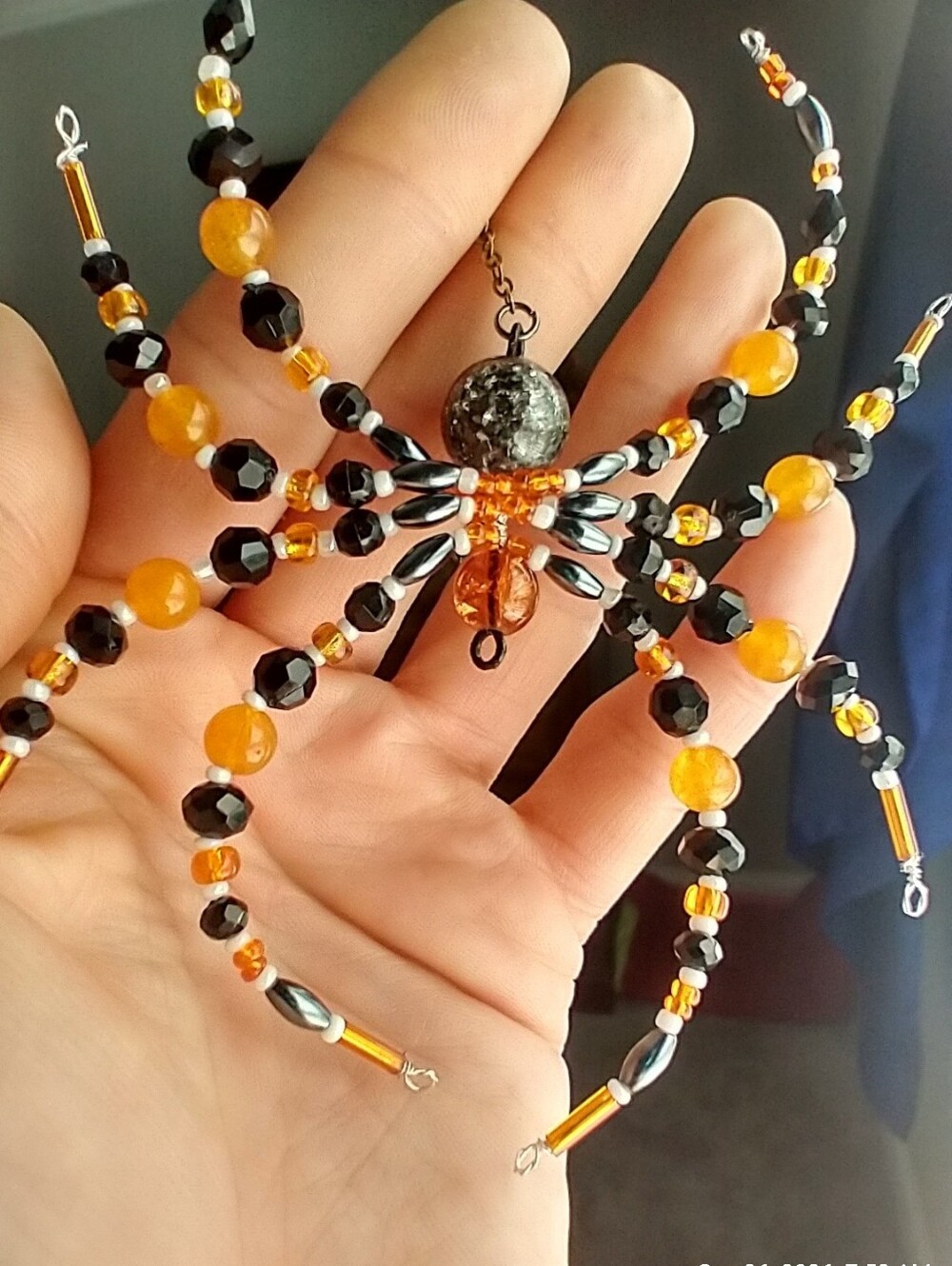 Handmade Black, Orange, & White Beaded Spider Pendant